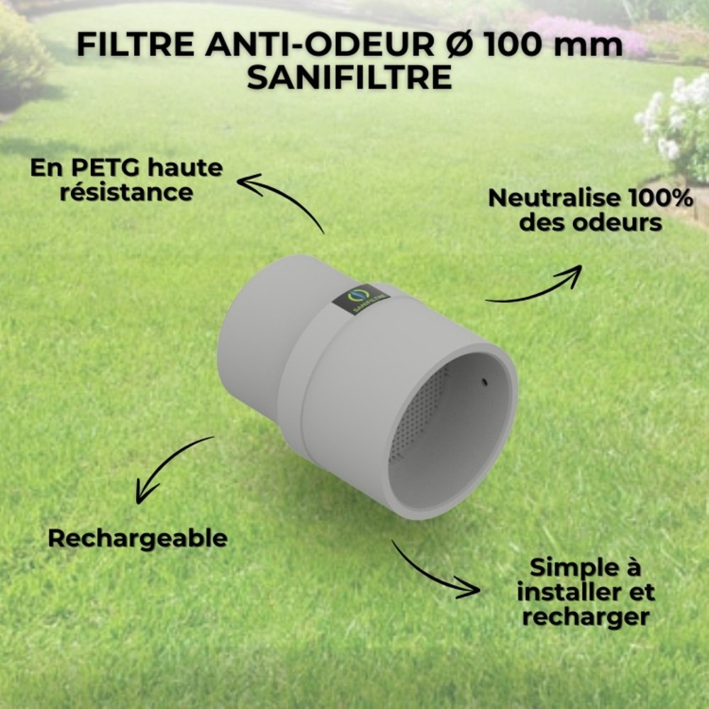 Caractéristiques du filtre Sanifiltre Ø 100 mm : neutralisation des odeurs, haute résistance et rechargeable.