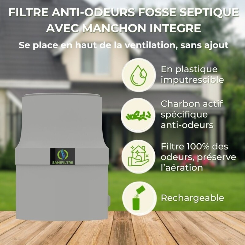 FILTRE ANTI-ODEURS AU CHARBON ACTIF POUR FOSSE SEPTIQUE + MANCHON GRIS