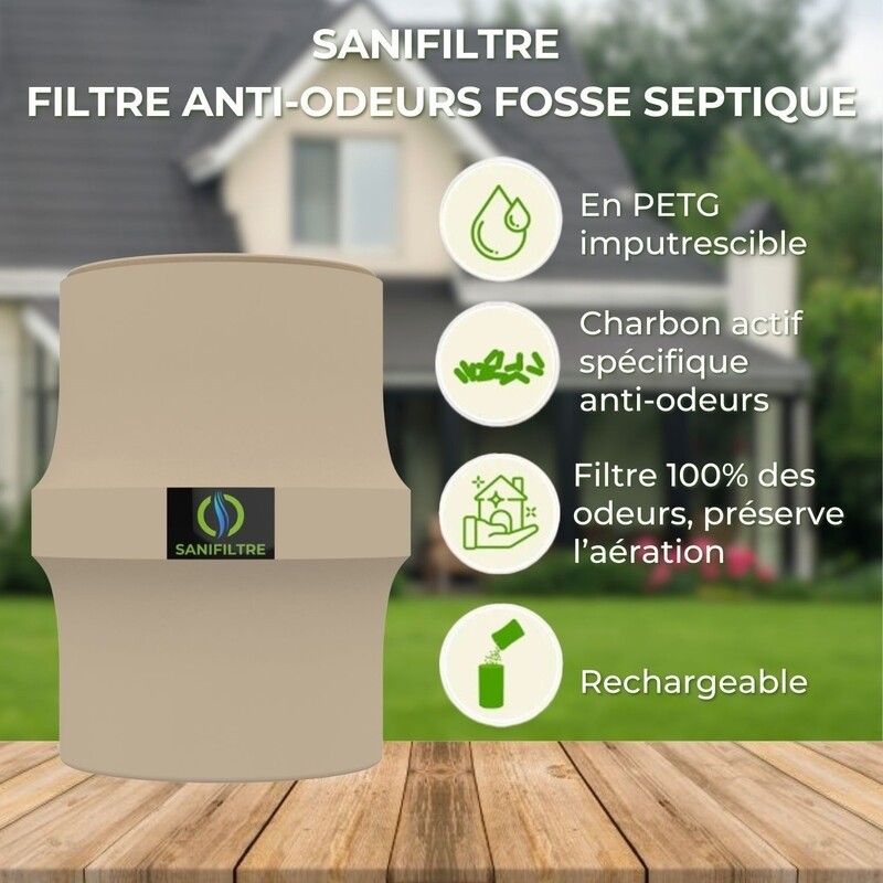 FILTRE ANTI-ODEURS AU CHARBON ACTIF POUR FOSSE SEPTIQUE , TOUTES EAUX , Ø 100 MM , COLORIS GRIS