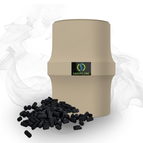Filtre anti-odeur Sanifiltre pour fosse septique avec granulés de charbon actif haute performance.