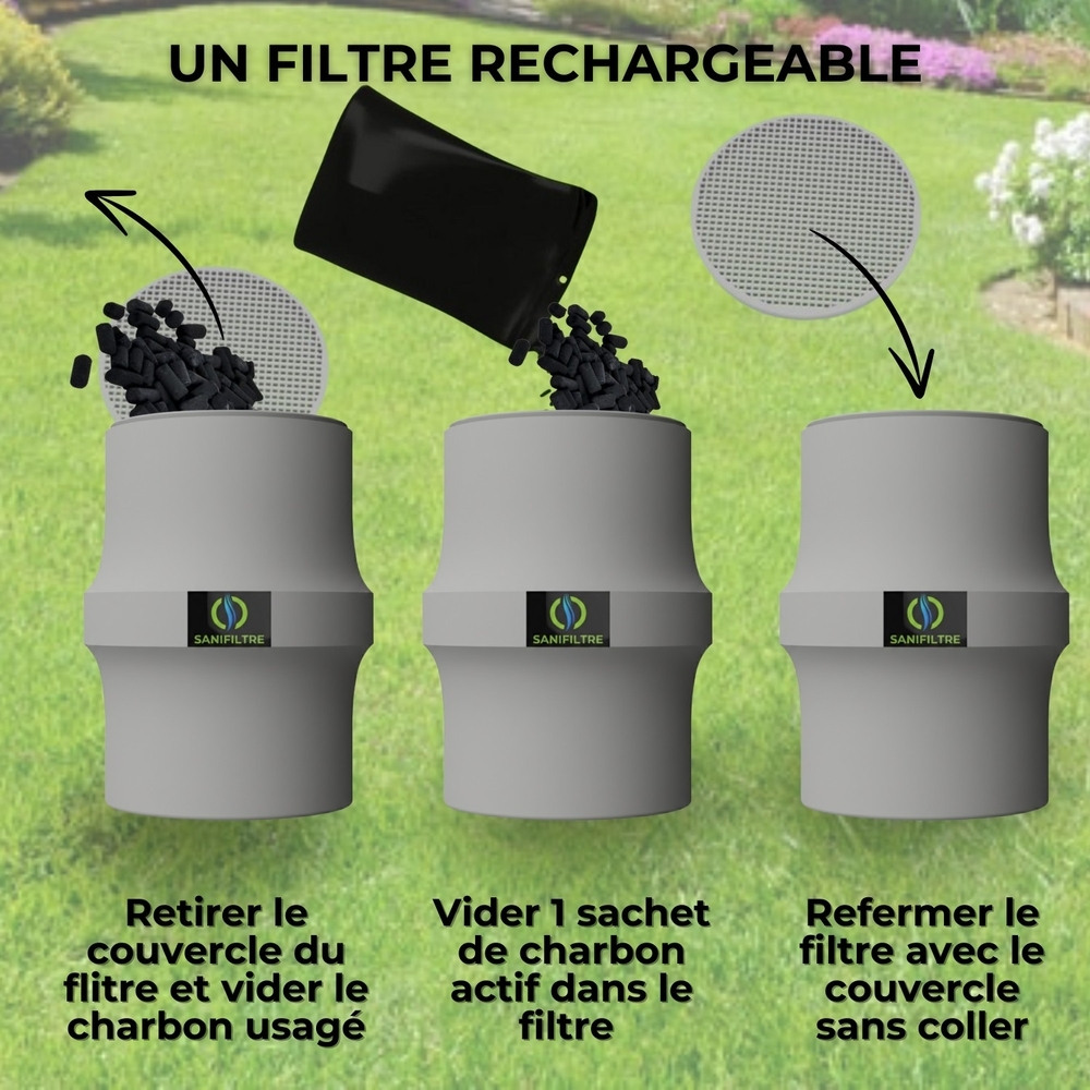 FILTRE ANTI-ODEURS AU CHARBON ACTIF POUR FOSSE SEPTIQUE , TOUTES EAUX , Ø 100 MM , COLORIS GRIS