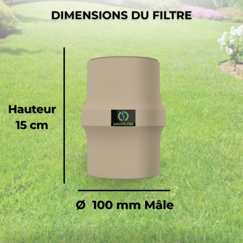 Dimensions techniques du filtre : hauteur 15 cm et diamètre de raccordement mâle 100 mm.