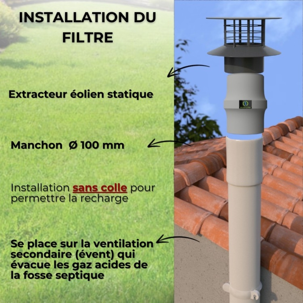 FILTRE ANTI-ODEURS AU CHARBON ACTIF POUR FOSSE SEPTIQUE , TOUTES EAUX , Ø 100 MM , COLORIS GRIS