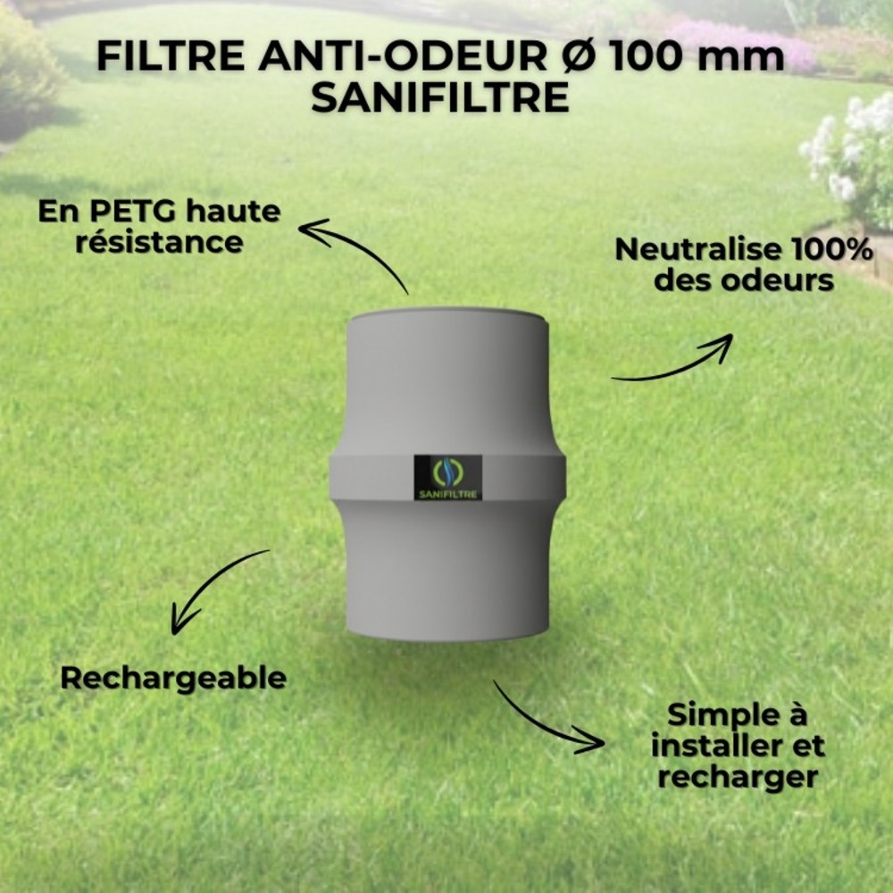 Caractéristiques du filtre Sanifiltre Ø 100 mm : neutralisation des odeurs, haute résistance et rechargeable.