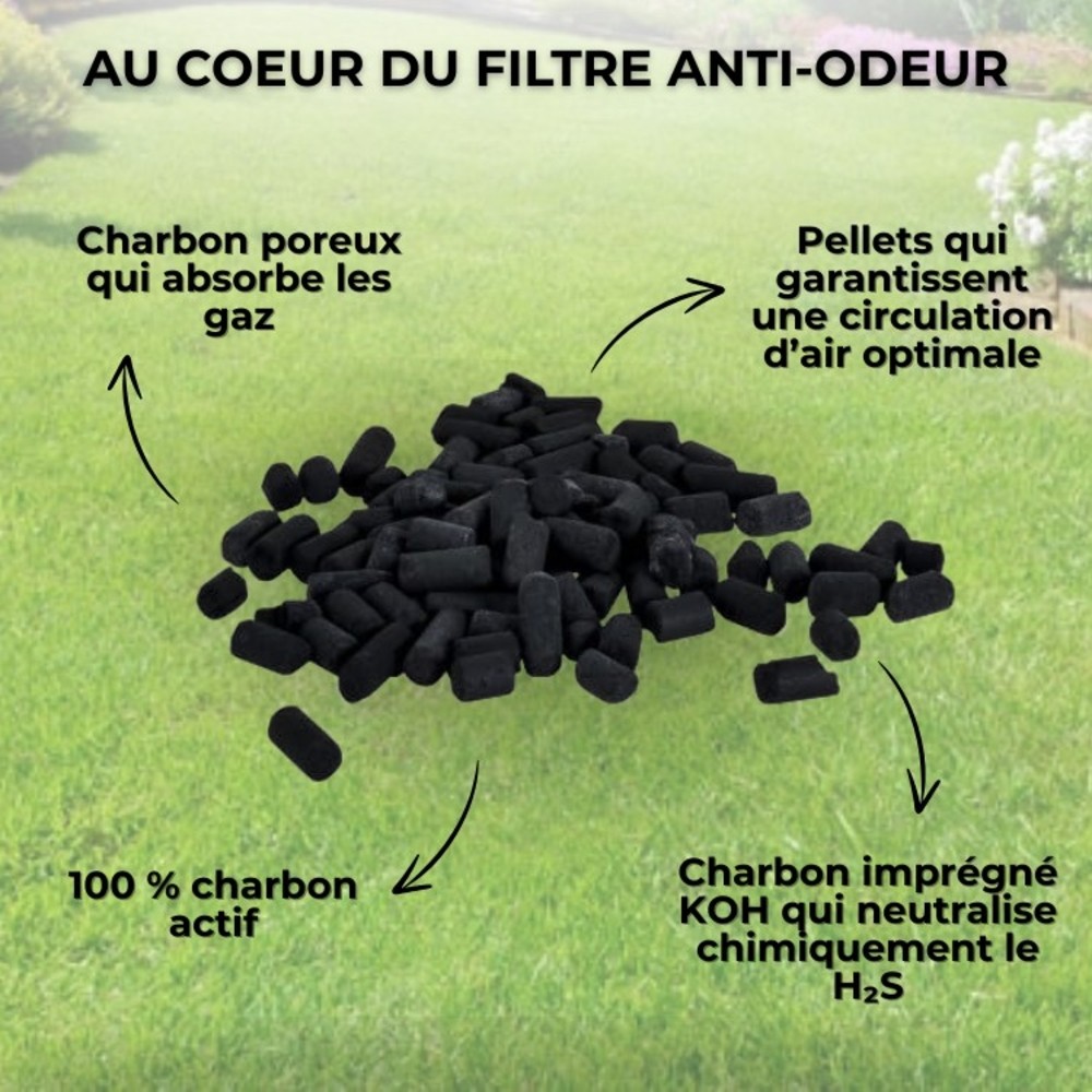 Composition du charbon actif imprégné KOH pour la neutralisation chimique du gaz H2S (hydrogène sulfuré).