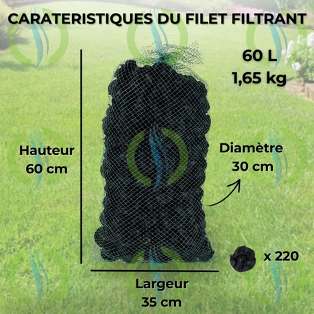 Dimensions du filet filtrant HYDRODIV : 60L, 1,65kg, hauteur 60cm et diamètre 30cm avec 220 balles filtrantes.