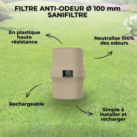 FILTRE ANTI-ODEURS AU CHARBON ACTIF POUR FOSSE SEPTIQUE , TOUTES EAUX , Ø 100 MM , COLORIS GRIS