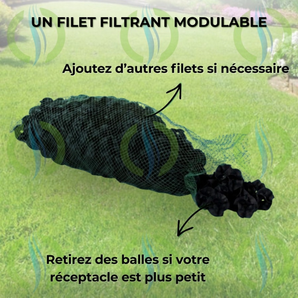 Filet filtrant modulable HYDRODIV : ajustez le nombre de balles filtrantes selon la taille du réceptacle.