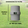Dimensions techniques du filtre : hauteur 15 cm et diamètre de raccordement mâle 100 mm.