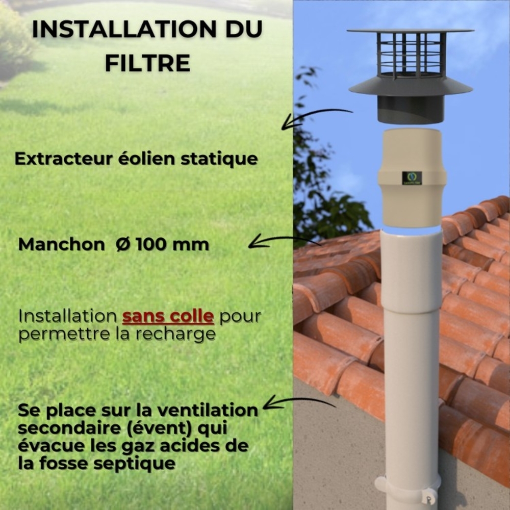 FILTRE ANTI-ODEURS AU CHARBON ACTIF POUR FOSSE SEPTIQUE , TOUTES EAUX , Ø 100 MM , COLORIS GRIS