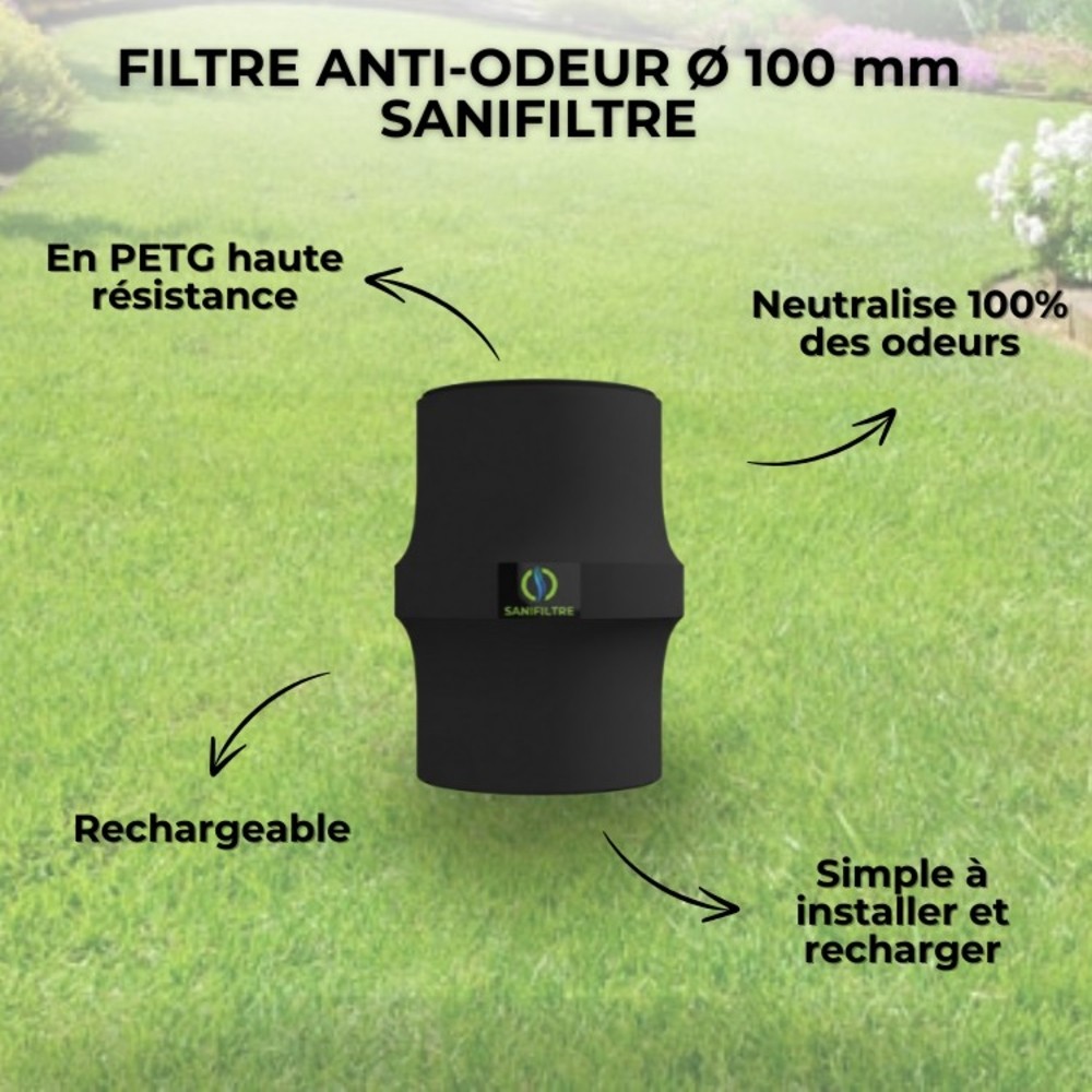 Caractéristiques du filtre Sanifiltre Ø 100 mm : neutralisation des odeurs, haute résistance et rechargeable.