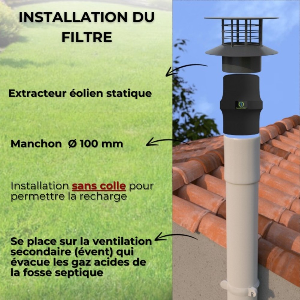 Schéma d'installation du filtre Sanifiltre sur une ventilation secondaire (évent) de fosse septique sans colle.