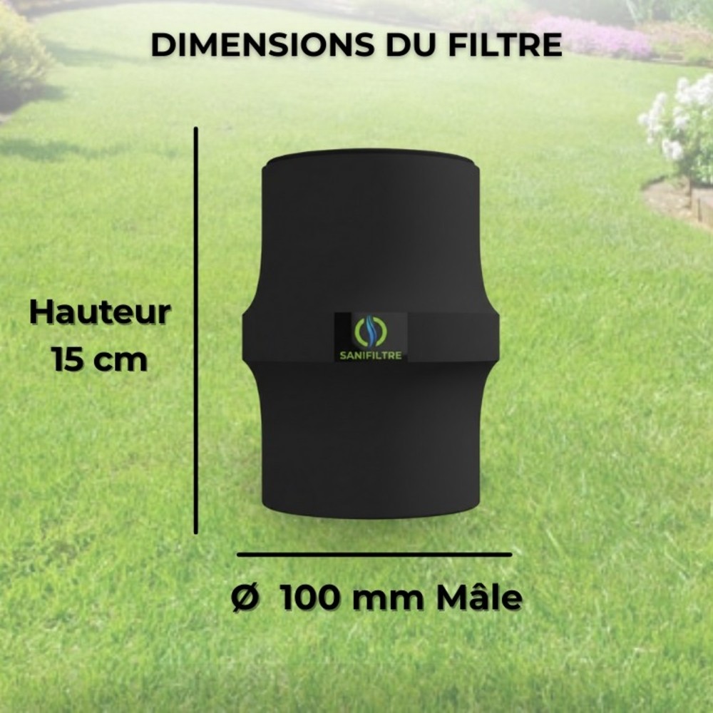 Dimensions techniques du filtre : hauteur 15 cm et diamètre de raccordement mâle 100 mm.