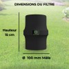 Dimensions techniques du filtre : hauteur 15 cm et diamètre de raccordement mâle 100 mm.