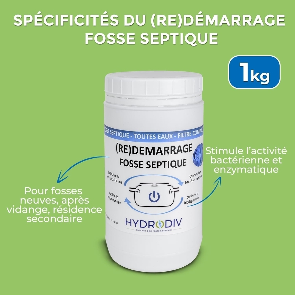 DEMARRAGE REDEMARRAGE FOSSE SEPTIQUE , TOUTES EAUX , FILTRE COMPACT , AUX BACTERIES ET ENZYMES , MONODOSE 1 KG