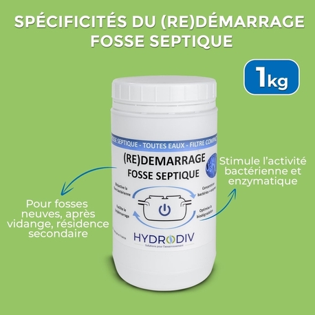 DEMARRAGE REDEMARRAGE FOSSE SEPTIQUE , TOUTES EAUX , FILTRE COMPACT , AUX BACTERIES ET ENZYMES , MONODOSE 1 KG