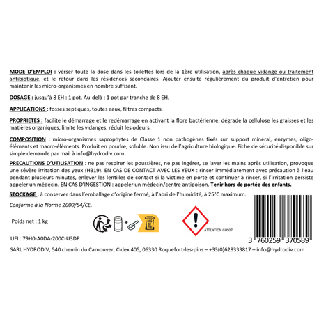 DEMARRAGE REDEMARRAGE FOSSE SEPTIQUE , TOUTES EAUX , FILTRE COMPACT , AUX BACTERIES ET ENZYMES , MONODOSE 1 KG