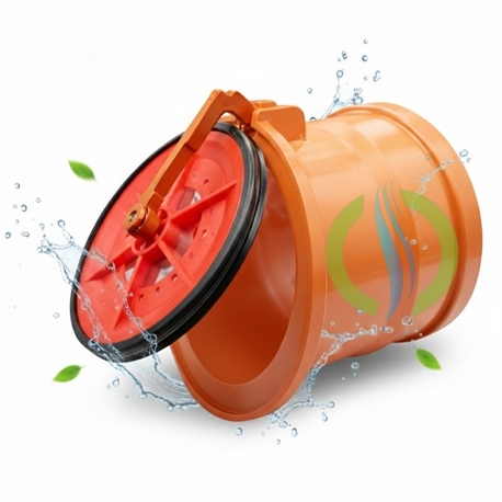 Clapet anti-retour Ø 100 mm HYDRODIV en PVC orange avec clapet de nez ouvert, joint d'étanchéité noir et mécanisme en inox. Protection efficace contre les inondations, les mauvaises odeurs et l'intrusion de rats ou nuisibles dans les canalisations.
