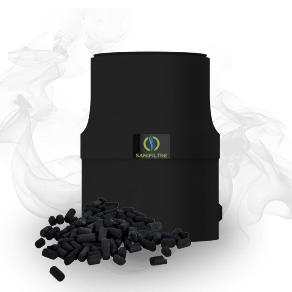 Filtre anti-odeur Sanifiltre pour fosse septique avec granulés de charbon actif haute performance.
