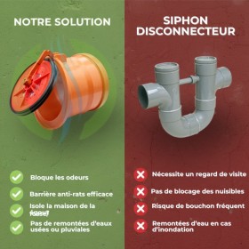 Tableau comparatif entre le clapet anti-retour HYDRODIV et un siphon disconnecteur classique. À gauche, les avantages du clapet : blocage des odeurs, barrière anti-rats, isolation de la fosse septique/égout et protection contre les remontées d'eaux. À droi