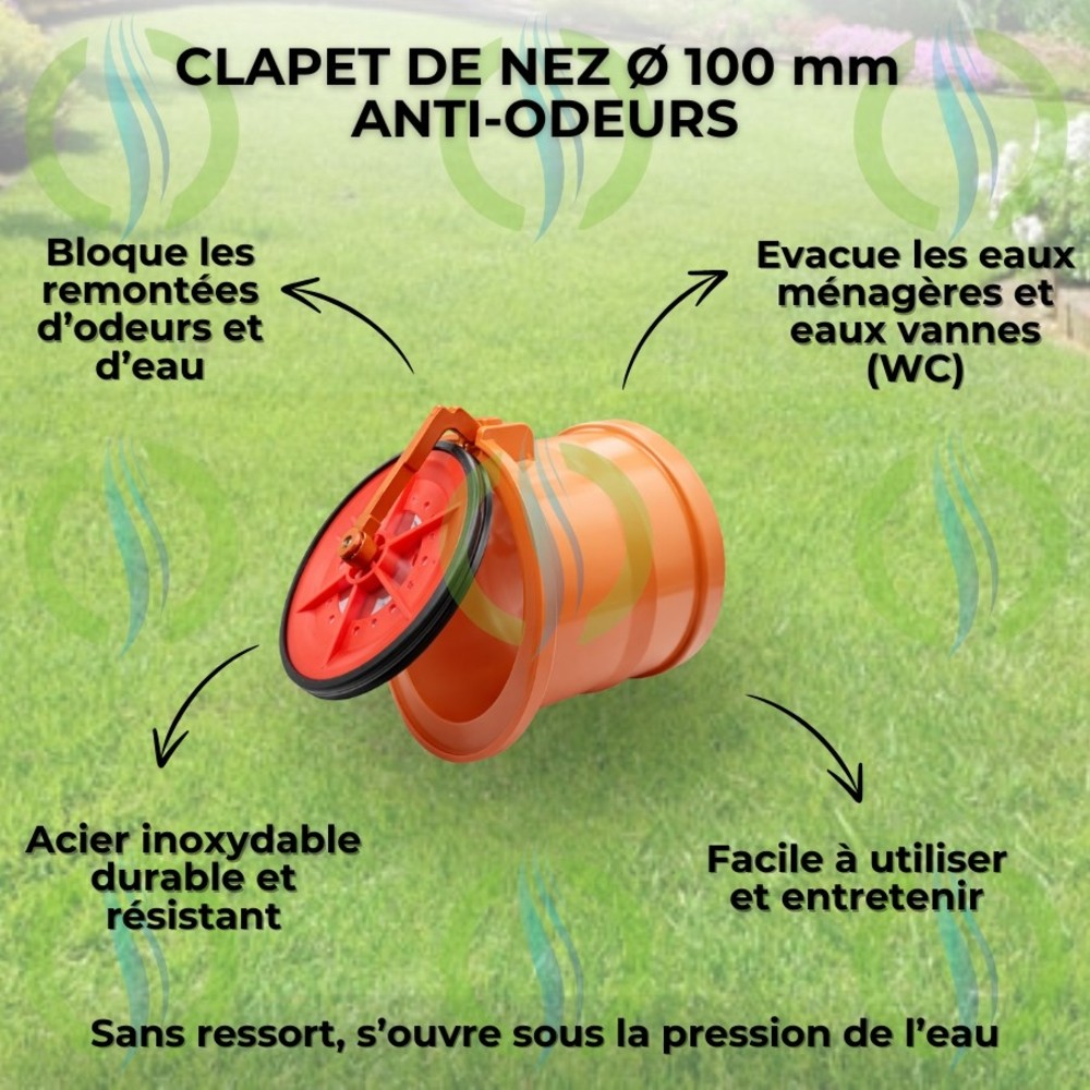 Schéma technique du clapet de nez Ø 100 mm anti-odeurs HYDRODIV. L'image souligne sa fabrication en acier inoxydable durable, son système sans ressort s'ouvrant sous la pression de l'eau, et son efficacité pour évacuer les eaux ménagères et eaux-vannes (WC
