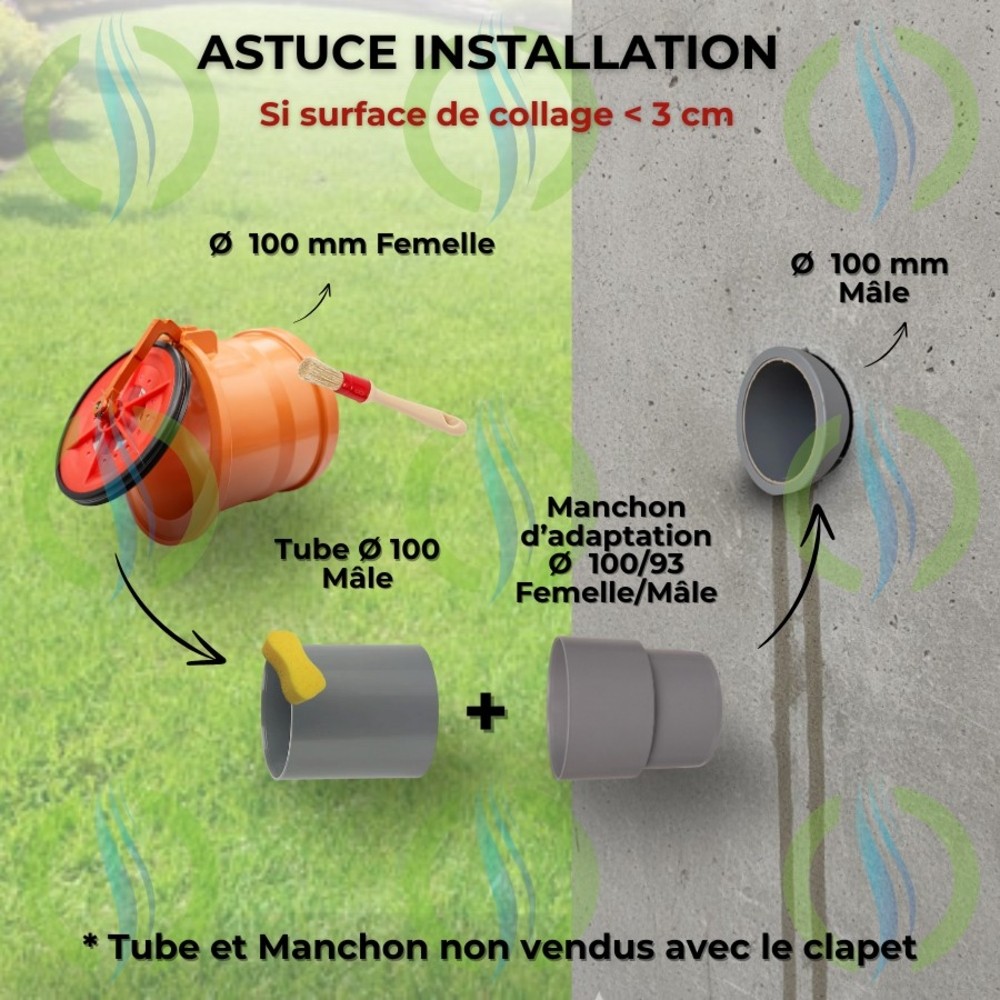 Solution d'installation pour clapet anti-retour si la surface de collage est inférieure à 3 cm. Utilisation d'un manchon d'adaptation Ø 100/93 mm Femelle/Mâle pour prolonger le tube PVC existant et permettre la fixation sécurisée du clapet de nez HYDRODIV.