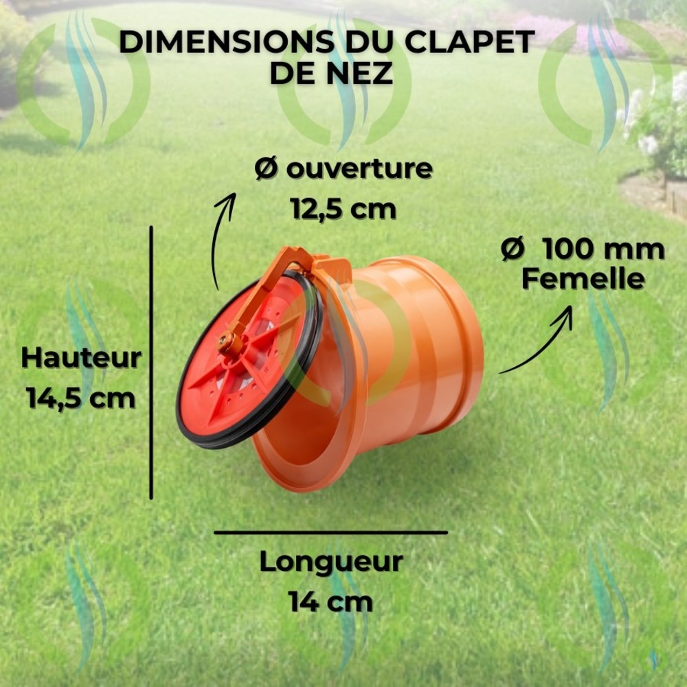 Dimensions du clapet de nez femelle Ø 100 mm : hauteur de 14,5 cm, longueur de 14 cm et diamètre d'ouverture du clapet de 12,5 cm. Conception compacte en PVC pour une intégration facile en sortie de canalisation.