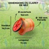 Dimensions du clapet de nez femelle Ø 100 mm : hauteur de 14,5 cm, longueur de 14 cm et diamètre d'ouverture du clapet de 12,5 cm. Conception compacte en PVC pour une intégration facile en sortie de canalisation.
