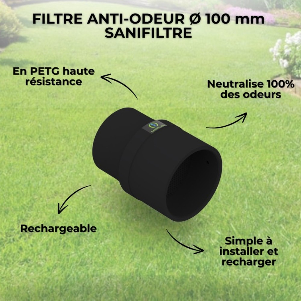 Caractéristiques du filtre Sanifiltre Ø 100 mm : neutralisation des odeurs, haute résistance et rechargeable.