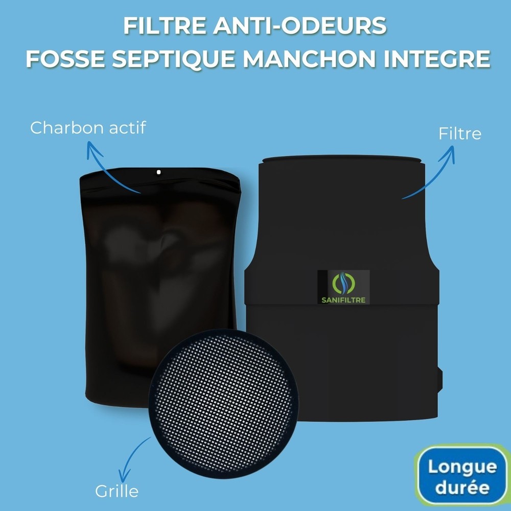 FILTRE ANTI-ODEURS AU CHARBON ACTIF POUR FOSSE SEPTIQUE + MANCHON GRIS
