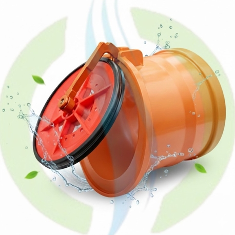 Clapet anti-retour Ø 100 mm HYDRODIV en PVC orange avec clapet de nez ouvert, joint d'étanchéité noir et mécanisme en inox. Protection efficace contre les inondations, les mauvaises odeurs et l'intrusion de rats ou nuisibles dans les canalisations.