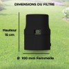 Dimensions techniques du filtre : hauteur 15 cm et diamètre de raccordement mâle 100 mm.