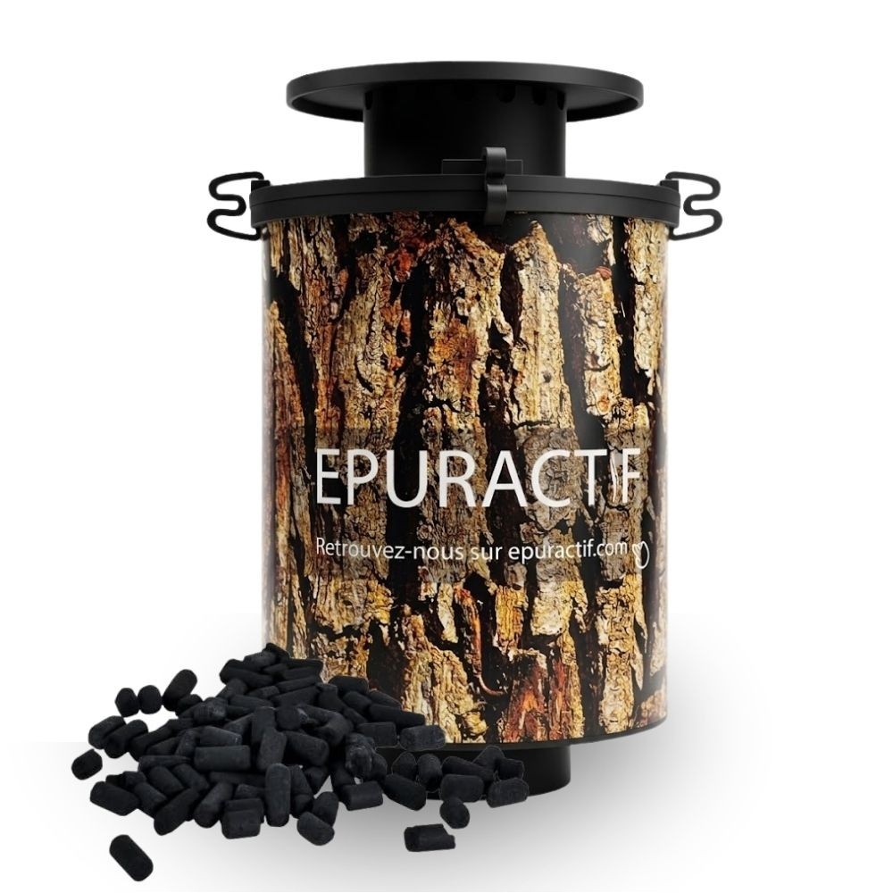Filtre anti-odeurs EPUR-200 au charbon actif en pellets, corps cylindrique habillage écorce, rechargeable, pour installations jusqu'à 16 EH.