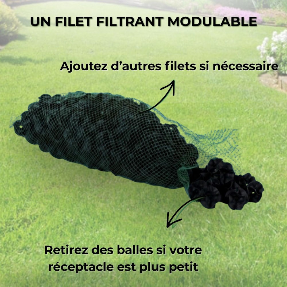 Filet filtrant modulable HYDRODIV : ajustez le nombre de balles filtrantes selon la taille du réceptacle.