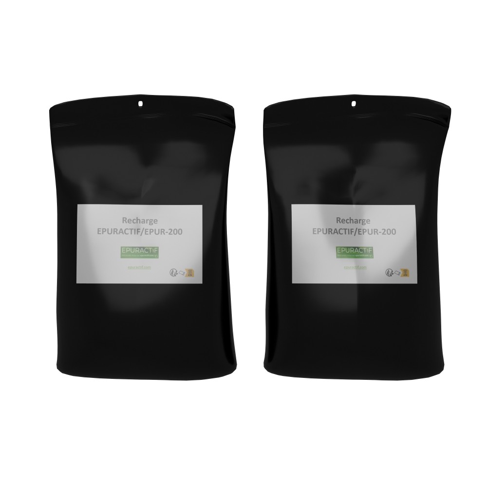 Recharge MAXI de charbon actif en pellets pour filtres EPUR-ACTIF et EPUR-200, lot de deux sachets, format économique.