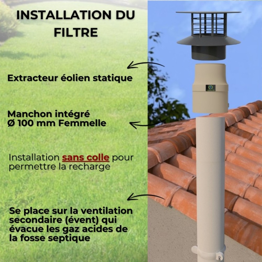 Schéma d'installation du filtre Sanifiltre sur une ventilation secondaire (évent) de fosse septique sans colle.