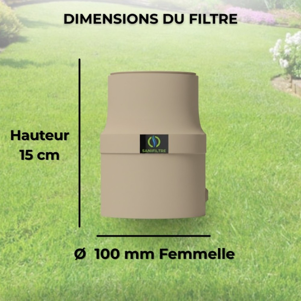 Dimensions techniques du filtre : hauteur 15 cm et diamètre de raccordement mâle 100 mm.