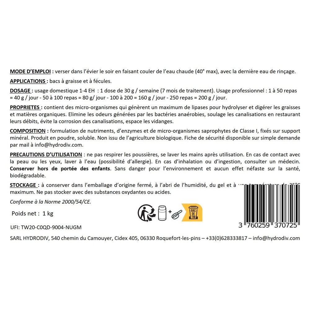 TRAITEMENT BAC À GRAISSE , ASSAINISSEMENT : POUDRE AUX ENZYMES 1 KG
