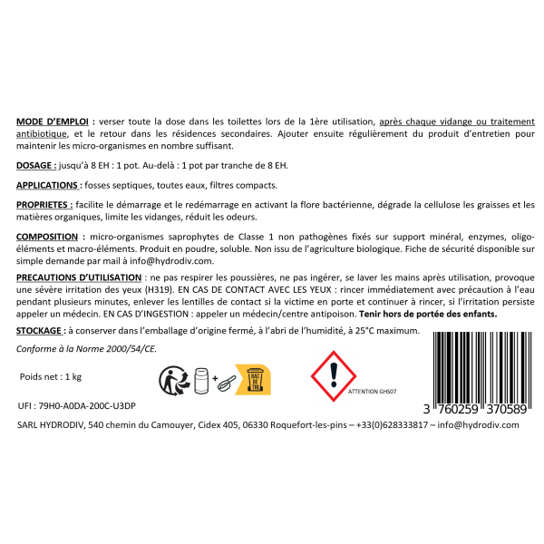 Etiquette verso DEMARRAGE REDEMARRAGE FOSSE SEPTIQUE , TOUTES EAUX , FILTRE COMPACT , AUX BACTERIES ET ENZYMES , MONODOSE 1 KG