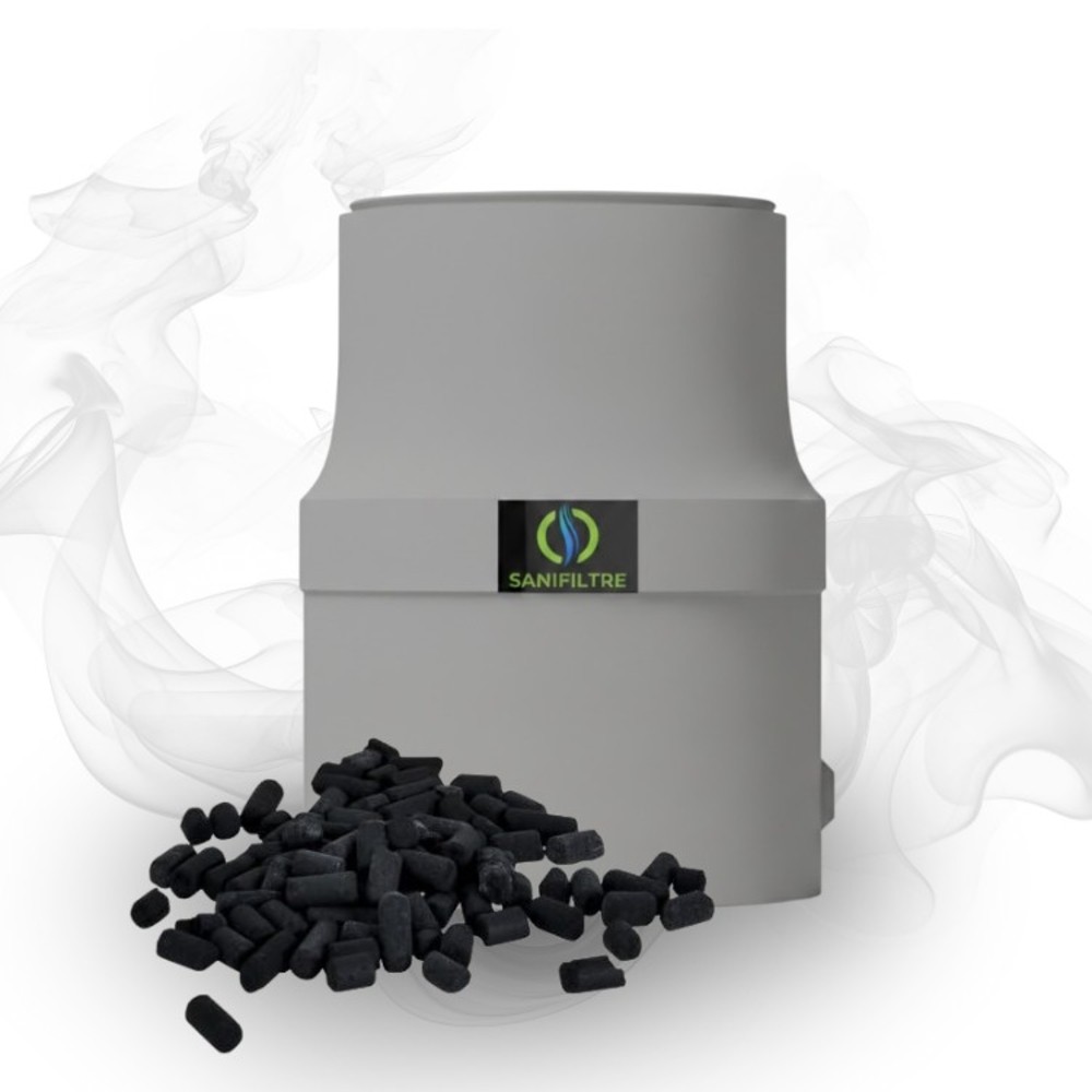 Filtre anti-odeur Sanifiltre pour fosse septique avec granulés de charbon actif haute performance.