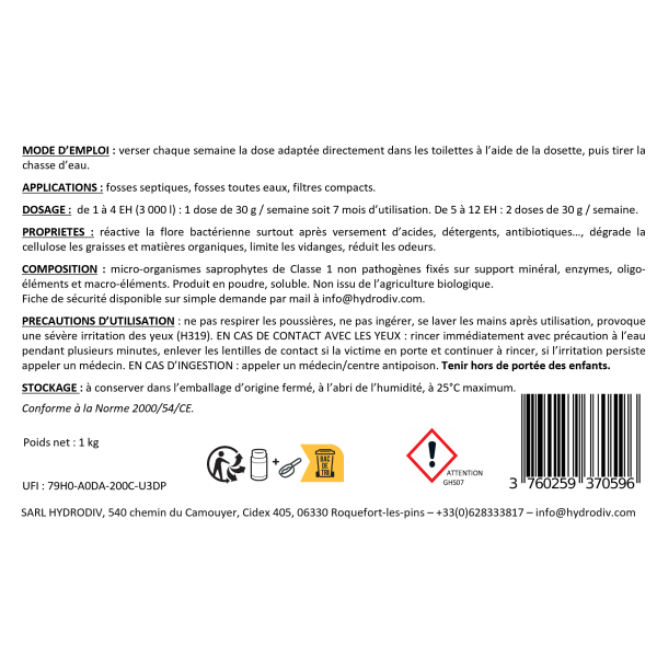 Etiquette verso ENTRETIEN 7 MOIS POUR FOSSE SEPTIQUE , AUX BACTERIES ET ENZYMES