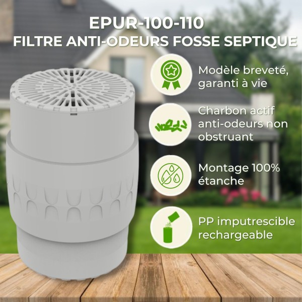 FILTRE ANTI-ODEURS EPUR-100-110 AU CHARBON ACTIF POUR FOSSE SEPTIQUE, TOUTES EAUX , Ø 100-110MM