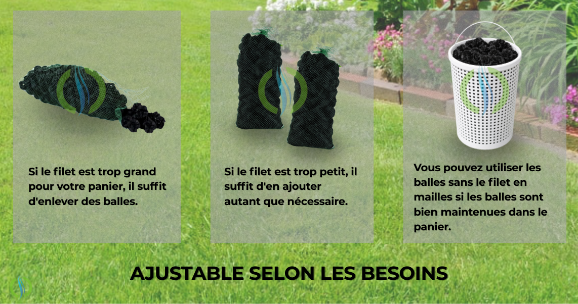 Modularité du filet filtrant fosse septique Hydrodiv. Le système est ajustable en ajoutant ou retirant des balles filtrantes, ou en les utilisant directement dans le panier de la fosse.