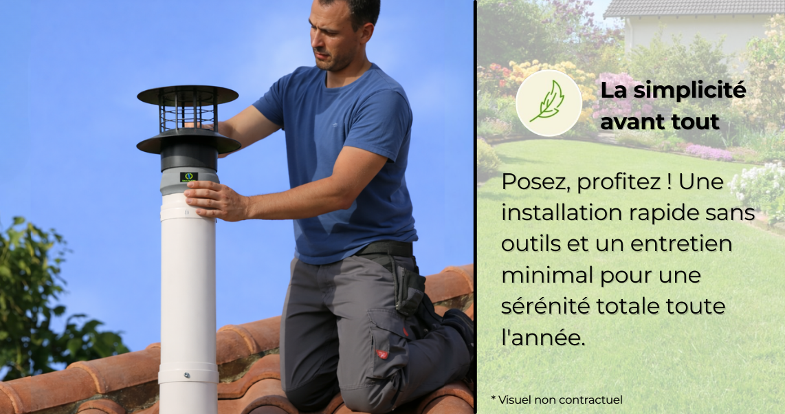 Pose rapide sans outils d'un filtre anti-odeur Sanifiltre sur une colonne de ventilation de toit